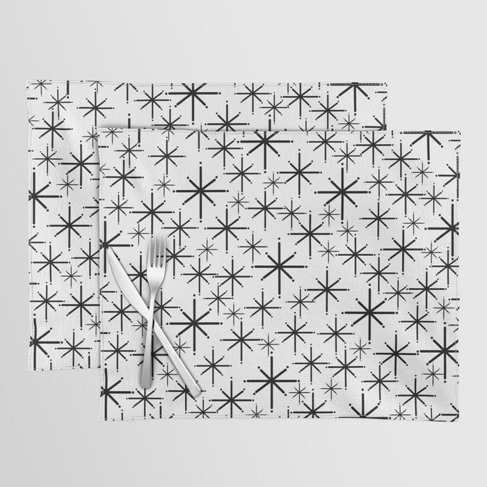 Mid Century Modern Twinkling Starburst Pattern in Black and White Placemat Gallery Image 1