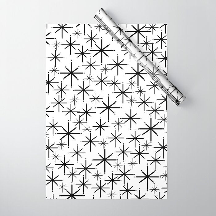 Mid Century Modern Twinkling Starburst Pattern in Black and White Wrapping Paper Gallery Image 1