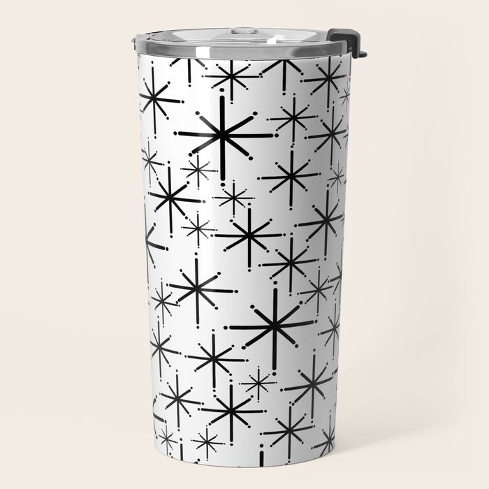Mid Century Modern Twinkling Starburst Pattern in Black and White Travel Mug Gallery Image 2
