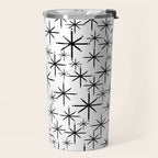 Mid Century Modern Twinkling Starburst Pattern in Black and White Travel Mug Gallery Image 2