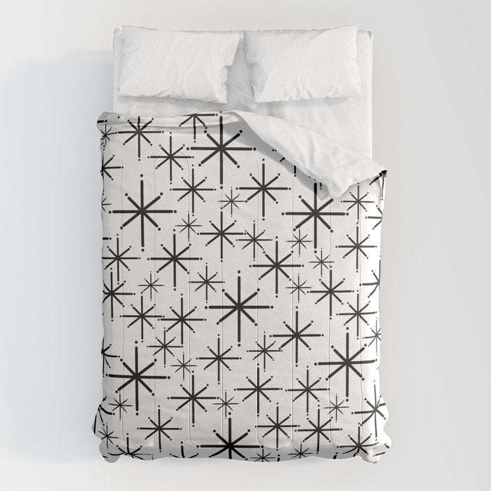 Mid Century Modern Twinkling Starburst Pattern in Black and White Comforter Gallery Image 1
