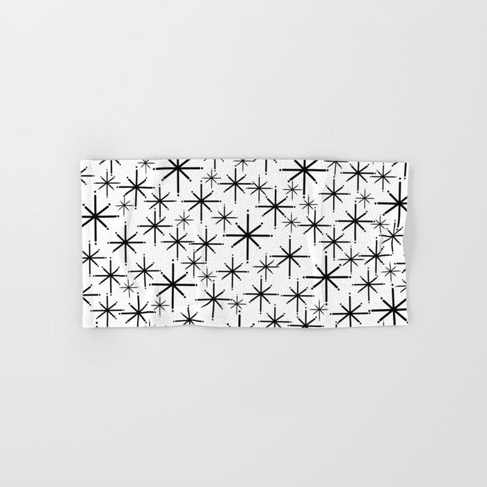 Mid Century Modern Twinkling Starburst Pattern in Black and White Bath Towel Gallery Image 1
