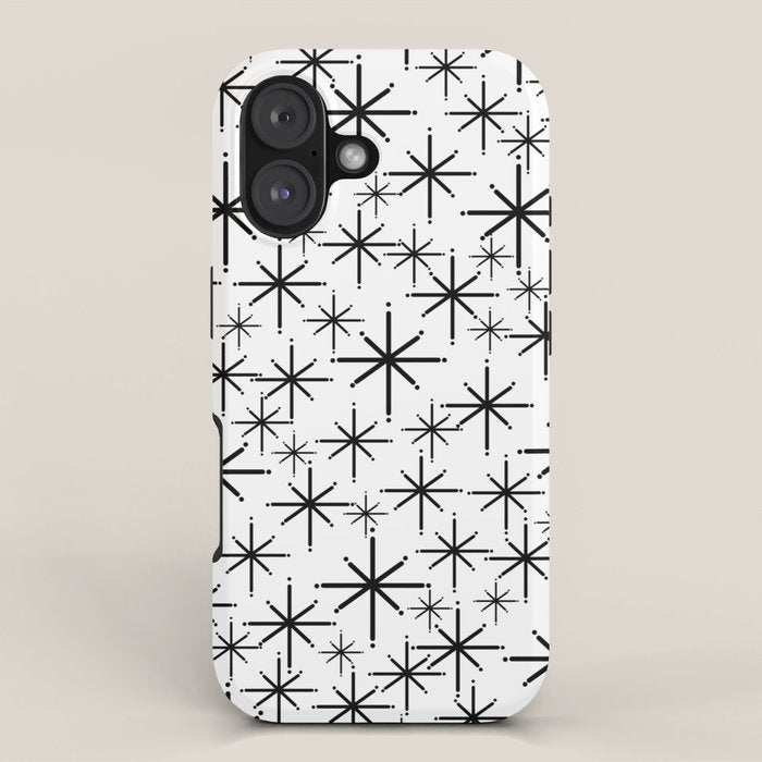 Mid Century Modern Twinkling Starburst Pattern in Black and White iPhone Case Gallery Image 1