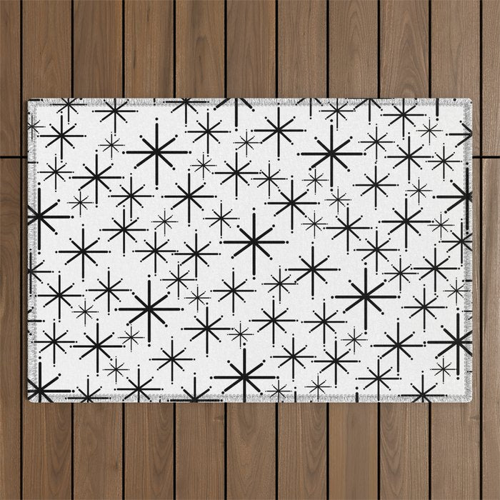 Mid Century Modern Twinkling Starburst Pattern in Black and White Outdoor Rug Gallery Image 1