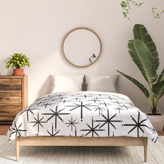 Mid Century Modern Twinkling Starburst Pattern in Black and White Comforter Gallery Image 3
