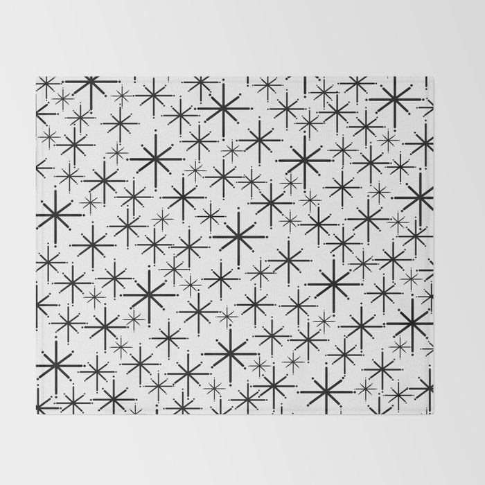 Mid Century Modern Twinkling Starburst Pattern in Black and White Throw Blanket Gallery Image 2