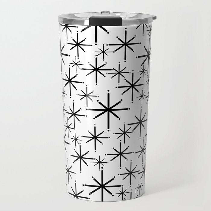 Mid Century Modern Twinkling Starburst Pattern in Black and White Travel Mug Gallery Image 1