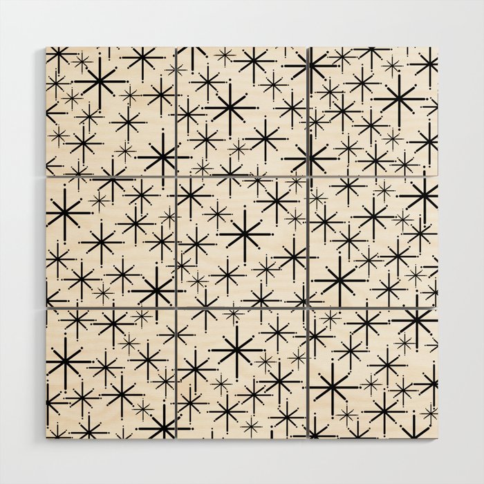 Mid Century Modern Twinkling Starburst Pattern in Black and White Wood Wall Art Gallery Image 1