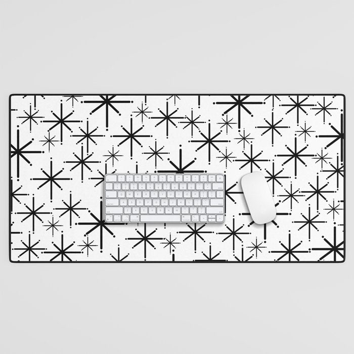 Mid Century Modern Twinkling Starburst Pattern in Black and White Desk Mat Gallery Image 1