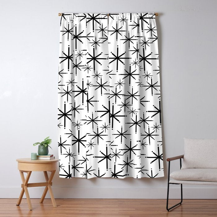 Mid Century Modern Twinkling Starburst Pattern in Black and White Window Curtain Gallery Image 1
