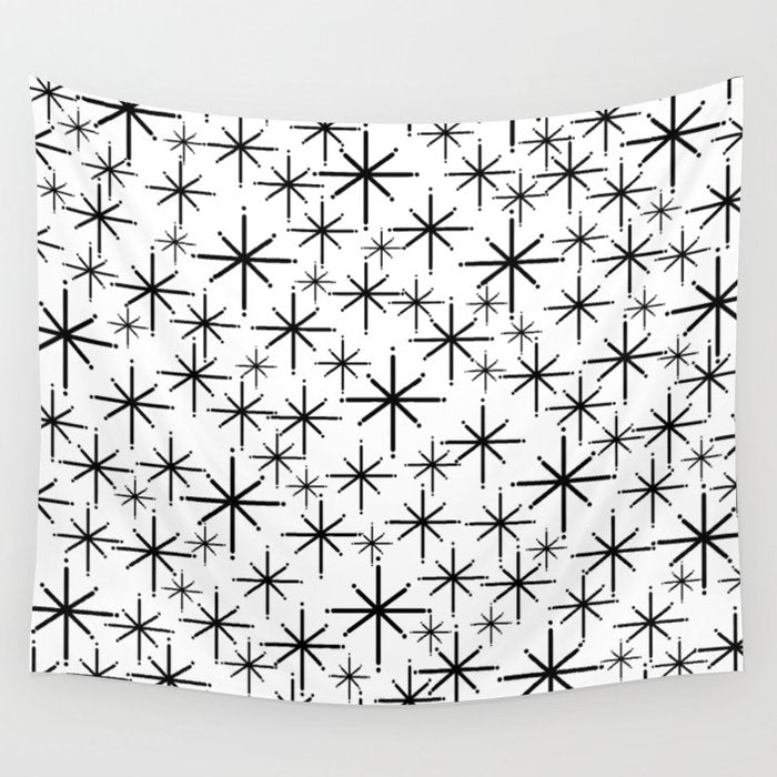 Mid Century Modern Twinkling Starburst Pattern in Black and White Wall Tapestry Gallery Image 4