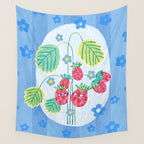 Sweet Strawberry Plant Friends in Sky Blue & Pink Wall Tapestry Gallery Image 4
