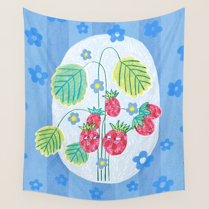 Sweet Strawberry Plant Friends in Sky Blue & Pink Wall Tapestry Gallery Image 1