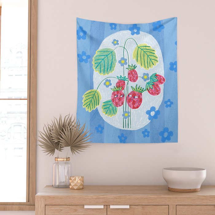 Sweet Strawberry Plant Friends in Sky Blue & Pink Wall Tapestry Gallery Image 2