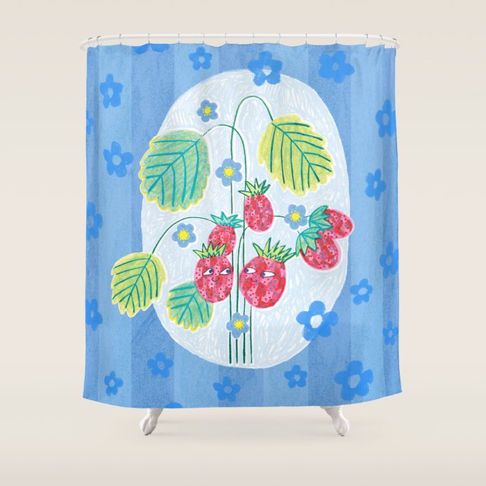 Sweet Strawberry Plant Friends in Sky Blue & Pink Shower Curtain Gallery Image 1