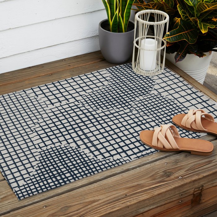 Dark Blue Grid Pattern Outdoor Rug Gallery Image 2