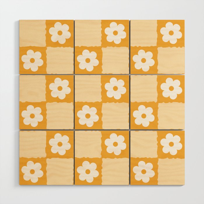 Retro Daisy Flower Checker in Yellow Wood Wall Art Gallery Image 1