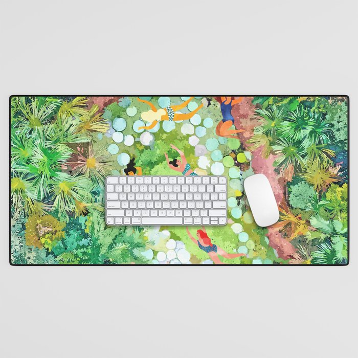 Tropical Vacay | Rainforest Jungle Botanical Lush Nature | Summer Lake People Swim | Boho Painting Desk Mat Gallery Image 1