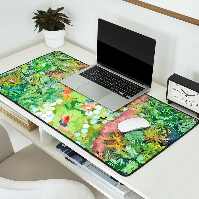 Tropical Vacay | Rainforest Jungle Botanical Lush Nature | Summer Lake People Swim | Boho Painting Desk Mat Gallery Image 2