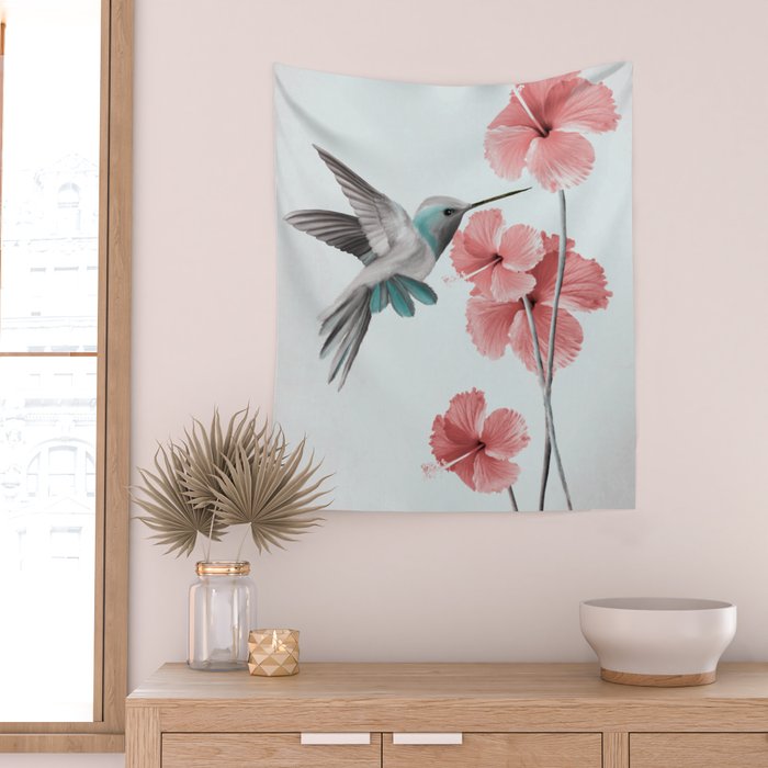 Hummingbird with Hibiscus Wall Tapestry Gallery Image 2