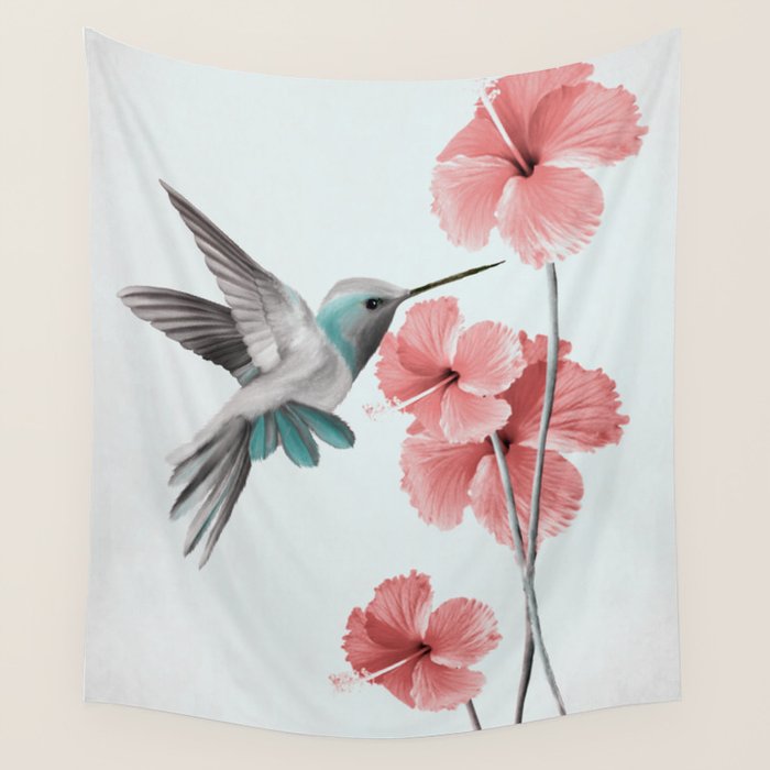 Hummingbird with Hibiscus Wall Tapestry Gallery Image 1