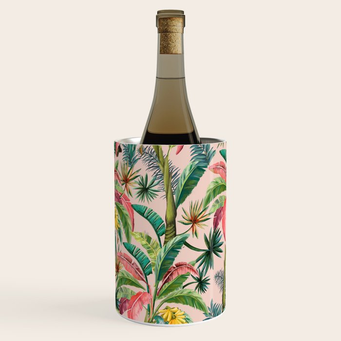 Palm Life, tropical palm leaves, banana palm, Hollywood Regency, green, pinks Wine Chiller Gallery Image 1