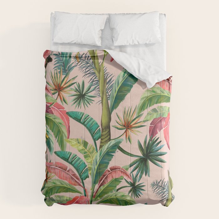 Palm Life, tropical palm leaves, banana palm, Hollywood Regency, green, pinks Comforter Gallery Image 1