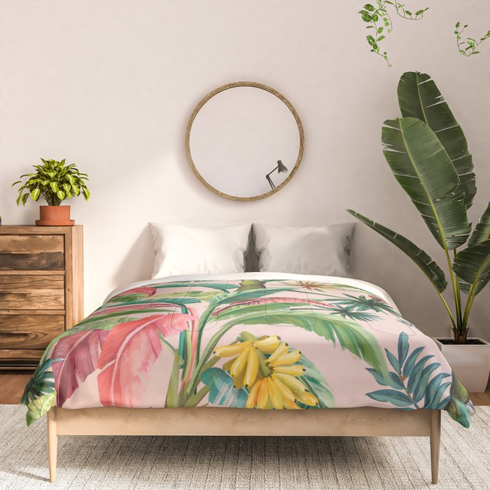 Palm Life, tropical palm leaves, banana palm, Hollywood Regency, green, pinks Comforter Gallery Image 3