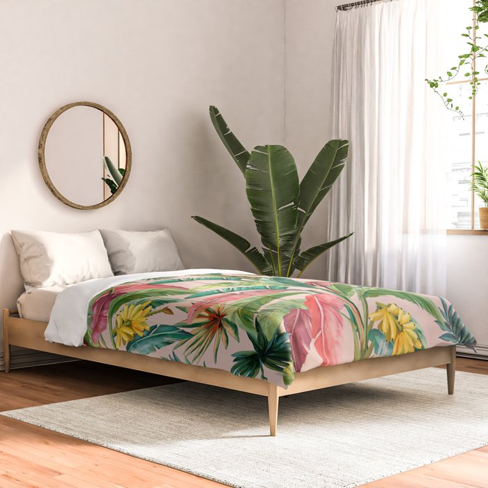 Palm Life, tropical palm leaves, banana palm, Hollywood Regency, green, pinks Comforter Gallery Image 2