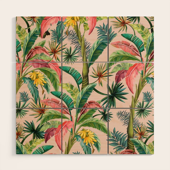 Palm Life, tropical palm leaves, banana palm, Hollywood Regency, green, pinks Wood Wall Art Gallery Image 1