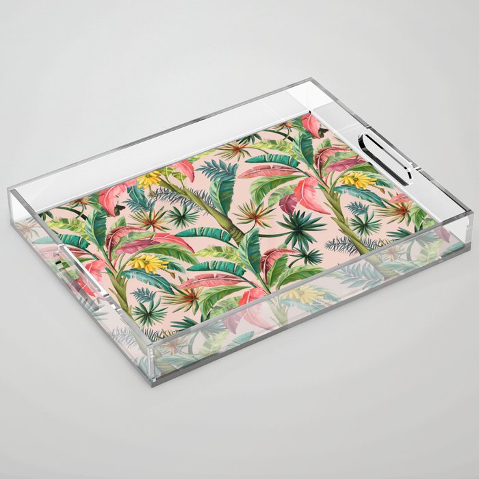 Palm Life, tropical palm leaves, banana palm, Hollywood Regency, green, pinks Acrylic Tray Gallery Image 1