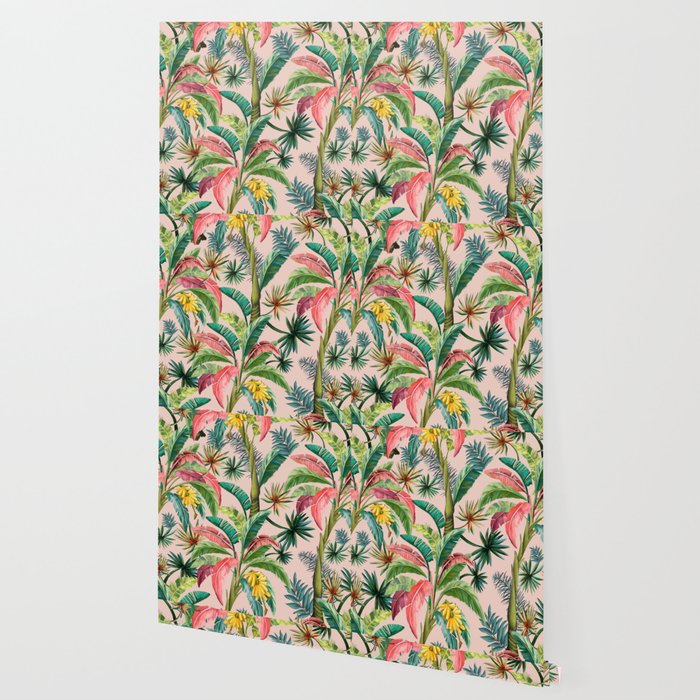 Palm Life, tropical palm leaves, banana palm, Hollywood Regency, green, pinks Wallpaper Gallery Image 2