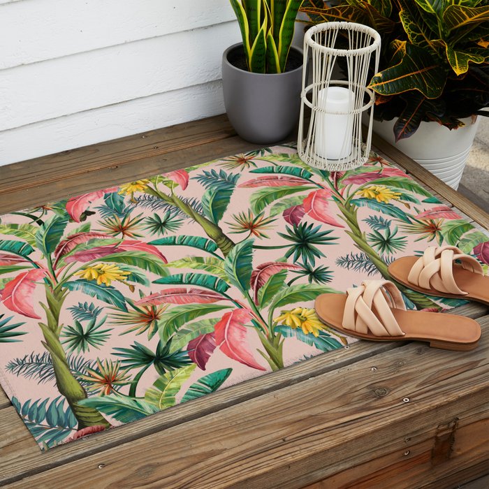 Palm Life, tropical palm leaves, banana palm, Hollywood Regency, green, pinks Outdoor Rug Gallery Image 2