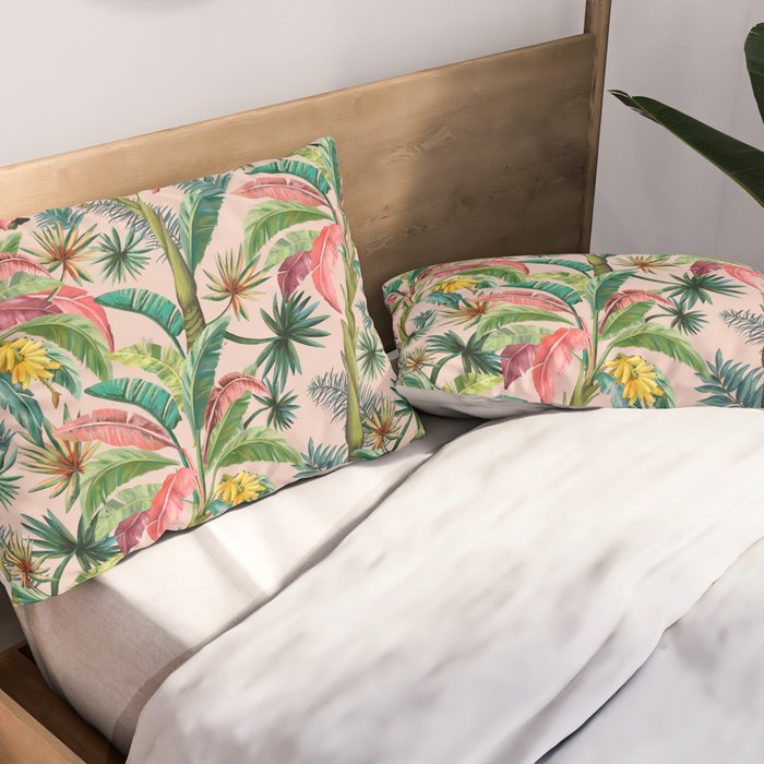 Palm Life, tropical palm leaves, banana palm, Hollywood Regency, green, pinks Pillow Sham Gallery Image 2