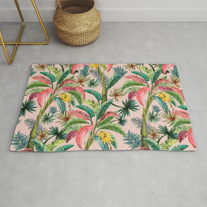Palm Life, tropical palm leaves, banana palm, Hollywood Regency, green, pinks Rug Gallery Image 1