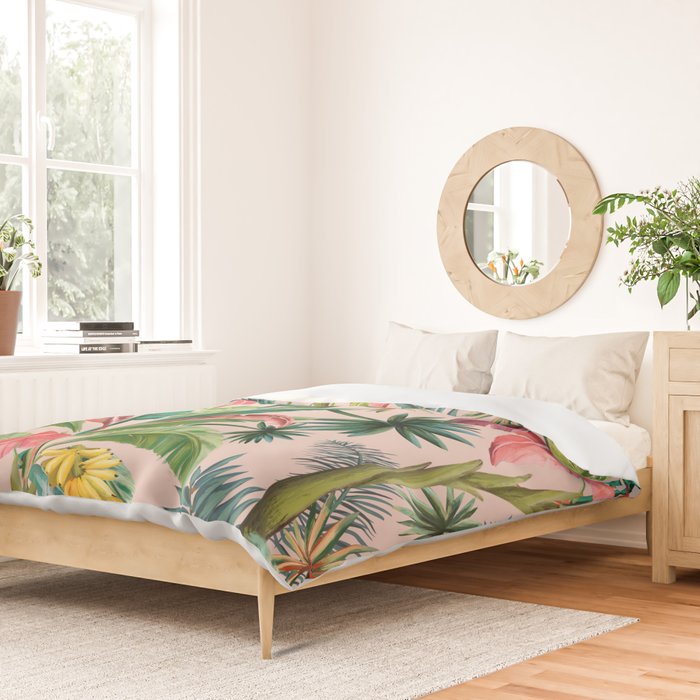 Palm Life, tropical palm leaves, banana palm, Hollywood Regency, green, pinks Duvet Cover Gallery Image 2