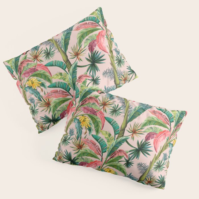 Palm Life, tropical palm leaves, banana palm, Hollywood Regency, green, pinks Pillow Sham Gallery Image 1