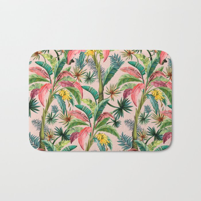 Palm Life, tropical palm leaves, banana palm, Hollywood Regency, green, pinks Bath Mat Gallery Image 1