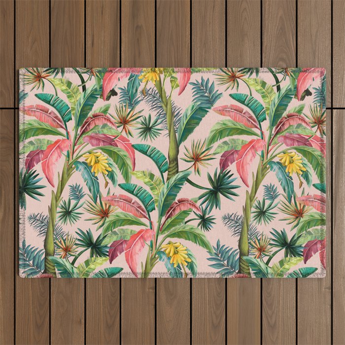 Palm Life, tropical palm leaves, banana palm, Hollywood Regency, green, pinks Outdoor Rug Gallery Image 1