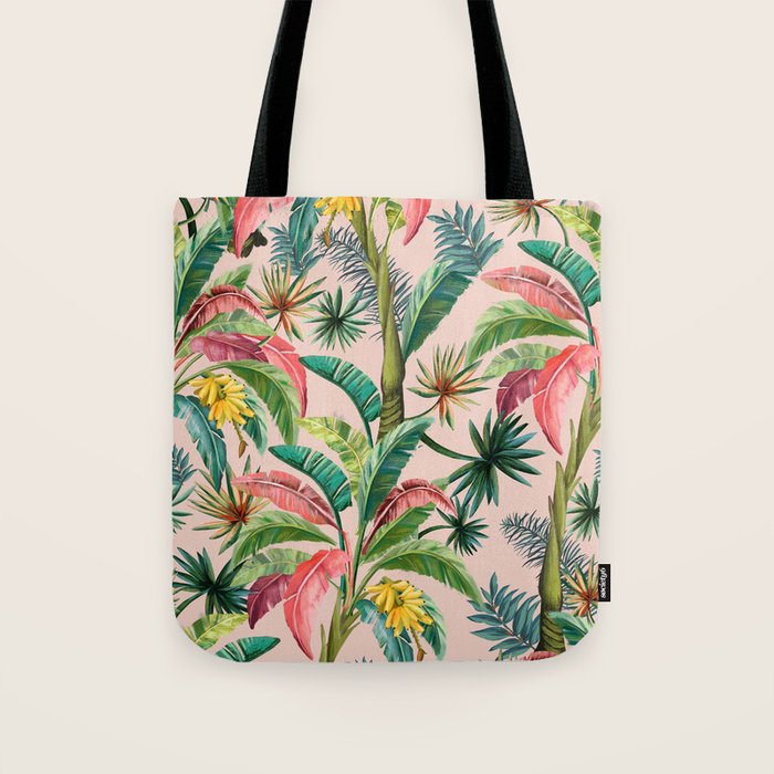 Palm Life, tropical palm leaves, banana palm, Hollywood Regency, green, pinks Tote Bag Gallery Image 1