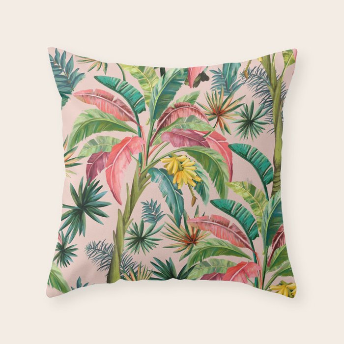 Palm Life, tropical palm leaves, banana palm, Hollywood Regency, green, pinks Throw Pillow Gallery Image 6