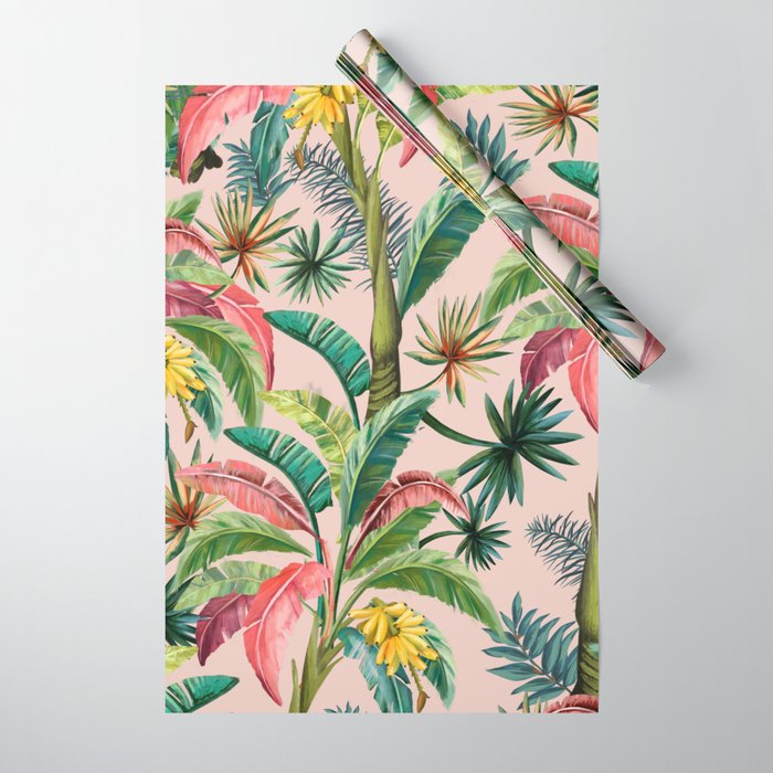 Palm Life, tropical palm leaves, banana palm, Hollywood Regency, green, pinks Wrapping Paper Gallery Image 1
