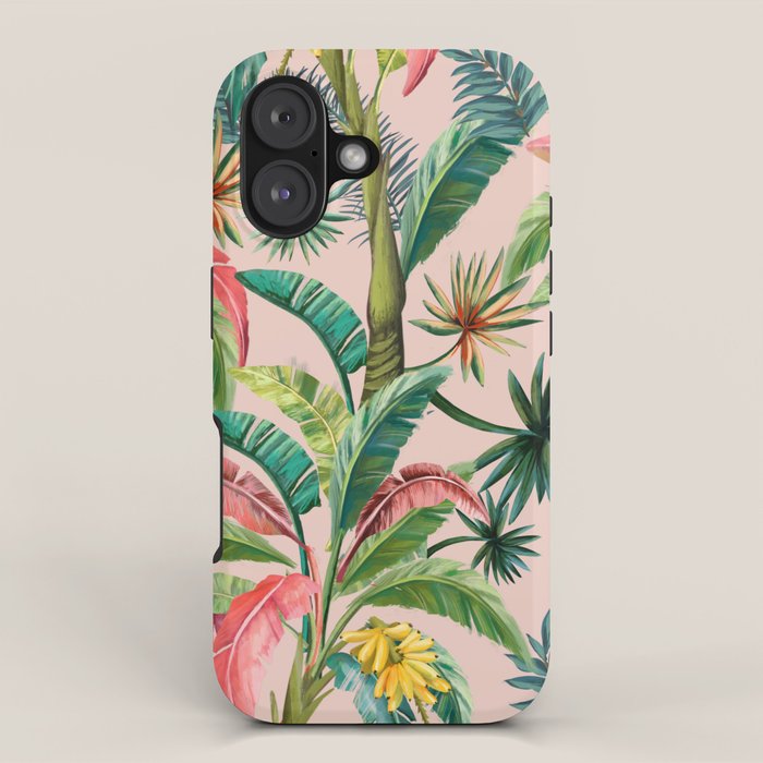 Palm Life, tropical palm leaves, banana palm, Hollywood Regency, green, pinks iPhone Case Gallery Image 1