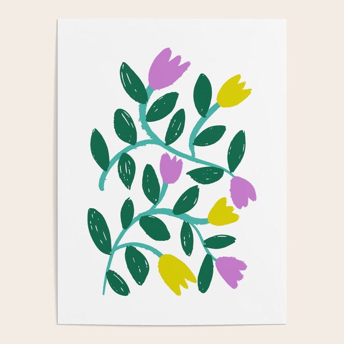Simple Floral - Green, Very Peri and Yellow Poster Gallery Image 1