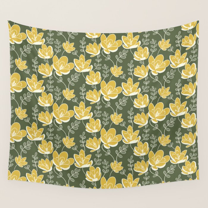 Gold on Green Blooms Wall Tapestry Gallery Image 1