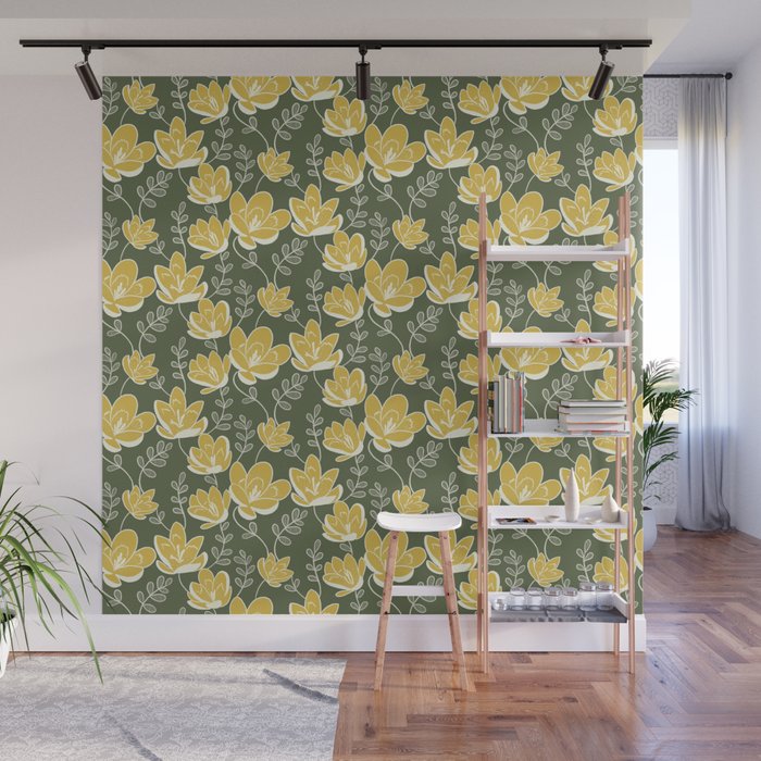 Gold on Green Blooms Wall Mural Gallery Image 1