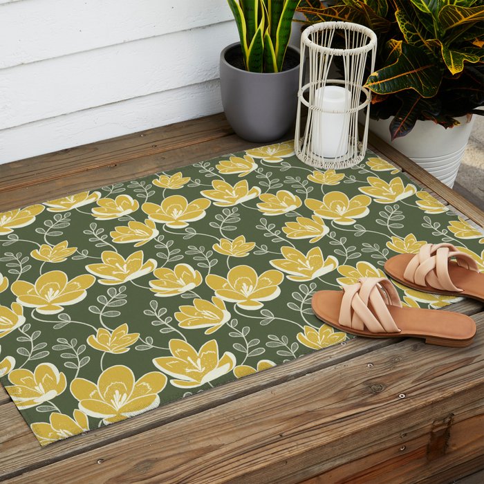 Gold on Green Blooms Outdoor Rug Gallery Image 2