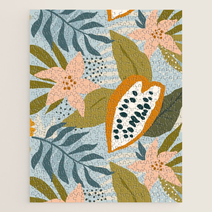 Modern exotic jungle cocoa beans, flowers and plants illustration Jigsaw Puzzle Gallery Image 1