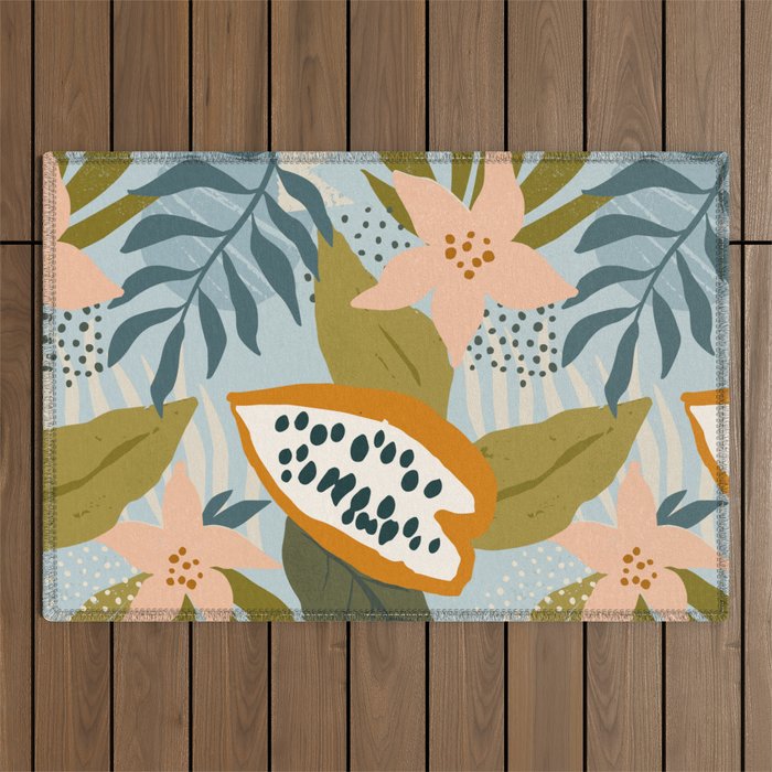 Modern exotic jungle cocoa beans, flowers and plants illustration Outdoor Rug Gallery Image 1