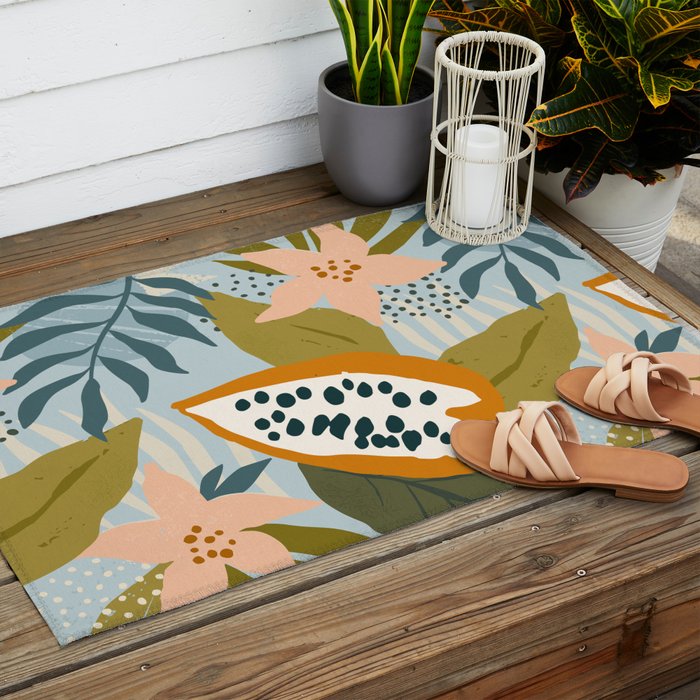 Modern exotic jungle cocoa beans, flowers and plants illustration Outdoor Rug Gallery Image 2